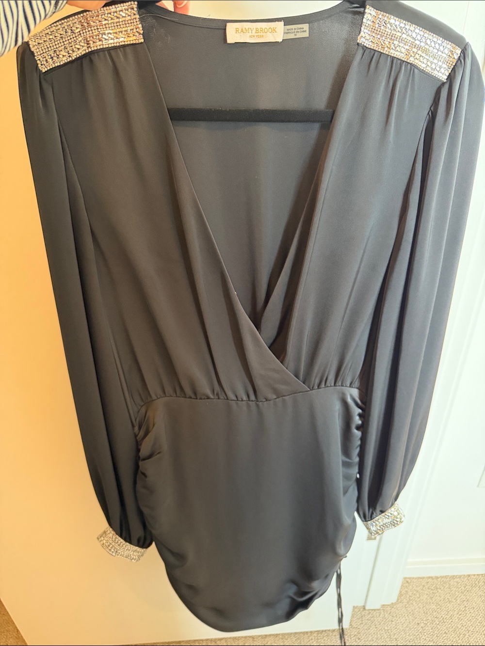 Ramy Brook Black Beaded-Trim Surplice Cocktail Dress - Size 10